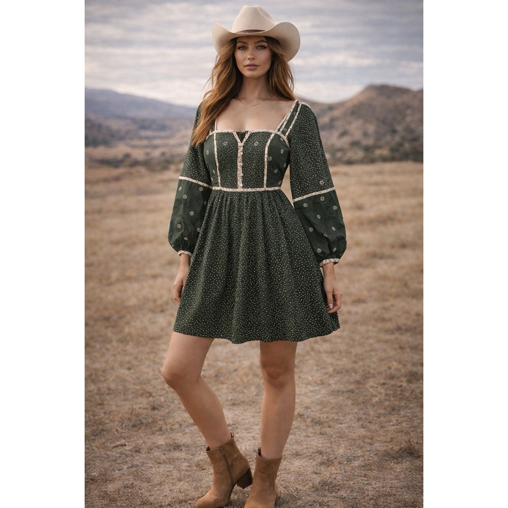 Madewell‎ Green Polka Dot Mini Prairie Dress Womens Size 0  Renaissance Western